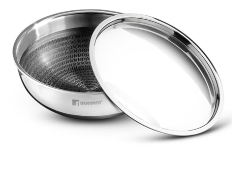 Bergner Hitech Triply Non-Stick 24 cm Tasla, 2.5 L Tasra with Non-Stick Mesh Pattern Inside, Rivetless Handle, Metal Spatula Friendly, Even Heat Distribution, Induction Bottom and Gas Stove Ready